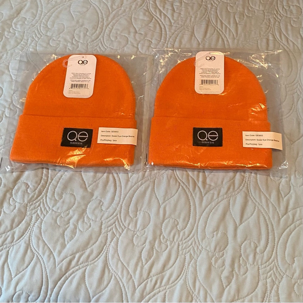 Two Queer Eye Orange Beanie Caps Hats LGBTQ Pride NEW ~ Christmas is coming